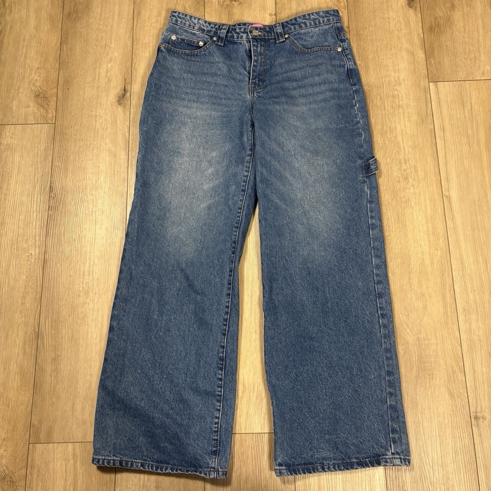 Edikted Jeans Women's Large Cargo Blue Wide Leg Y2K Streetwear Denim